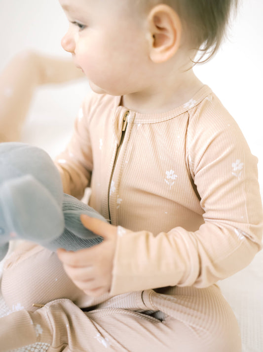 Ribbed Bamboo Romper || Beige Florals