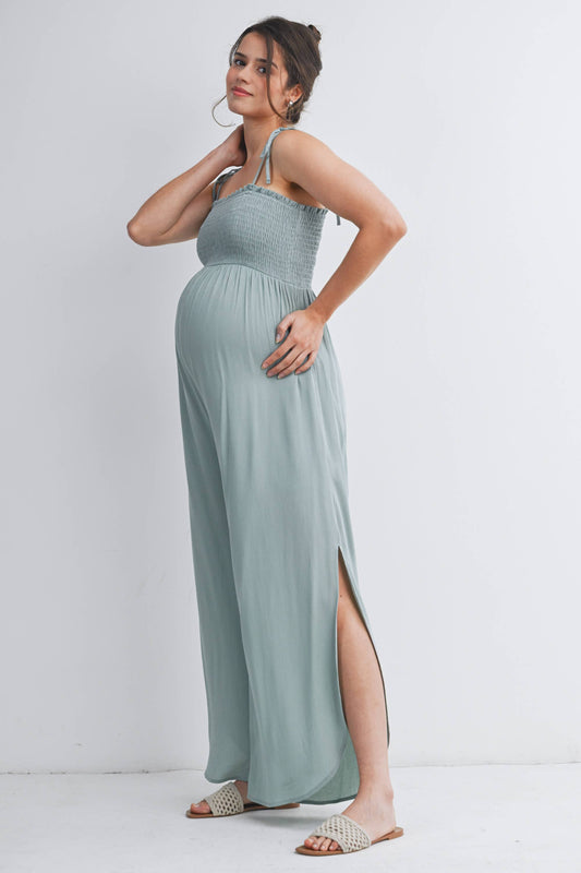 Smocked Maternity Wide Leg Jumpsuit with Adjustable Strap