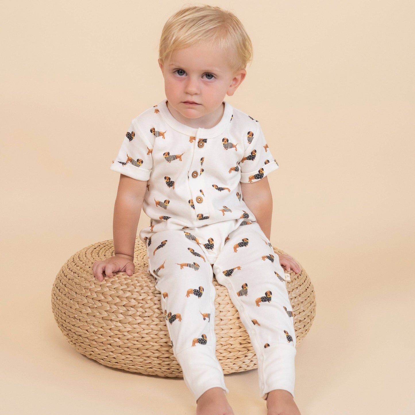 Organic Short Sleeve Button Romper - Dog
