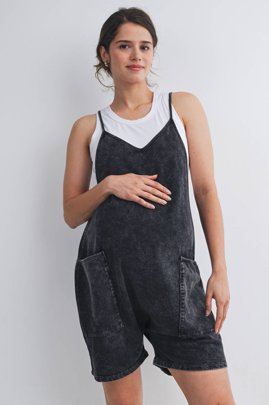 Washed Black Maternity Romper with Adjustable Straps