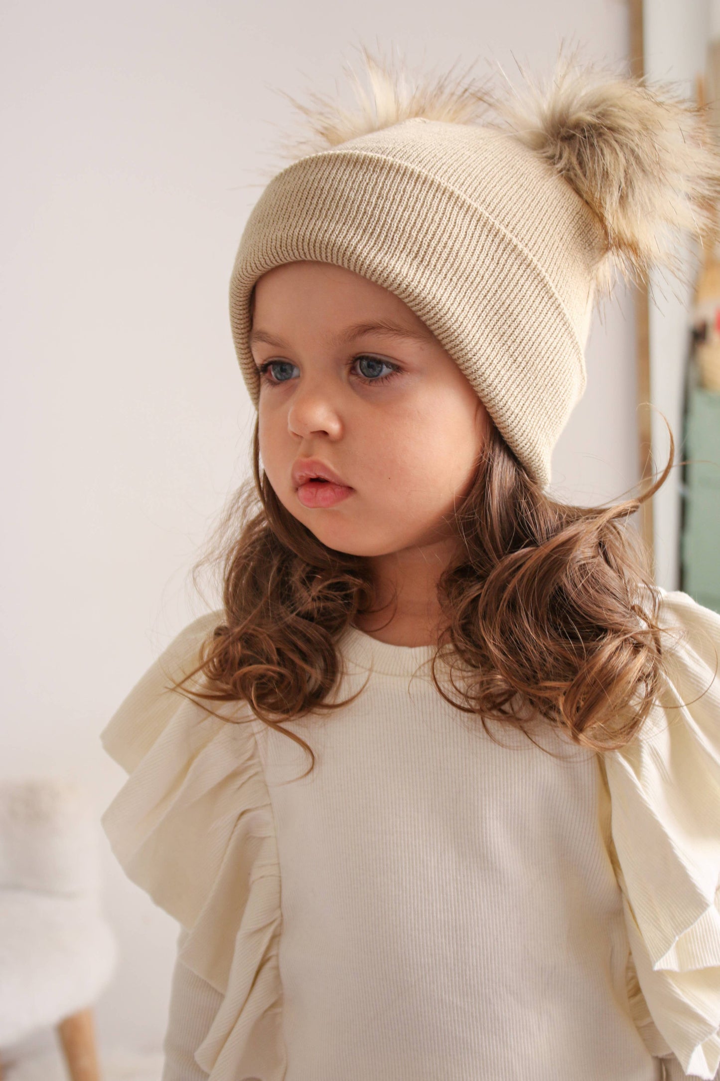 Beige Pom Pom Baby/Kid's Beanie, Newborn to 8 Years, Unisex