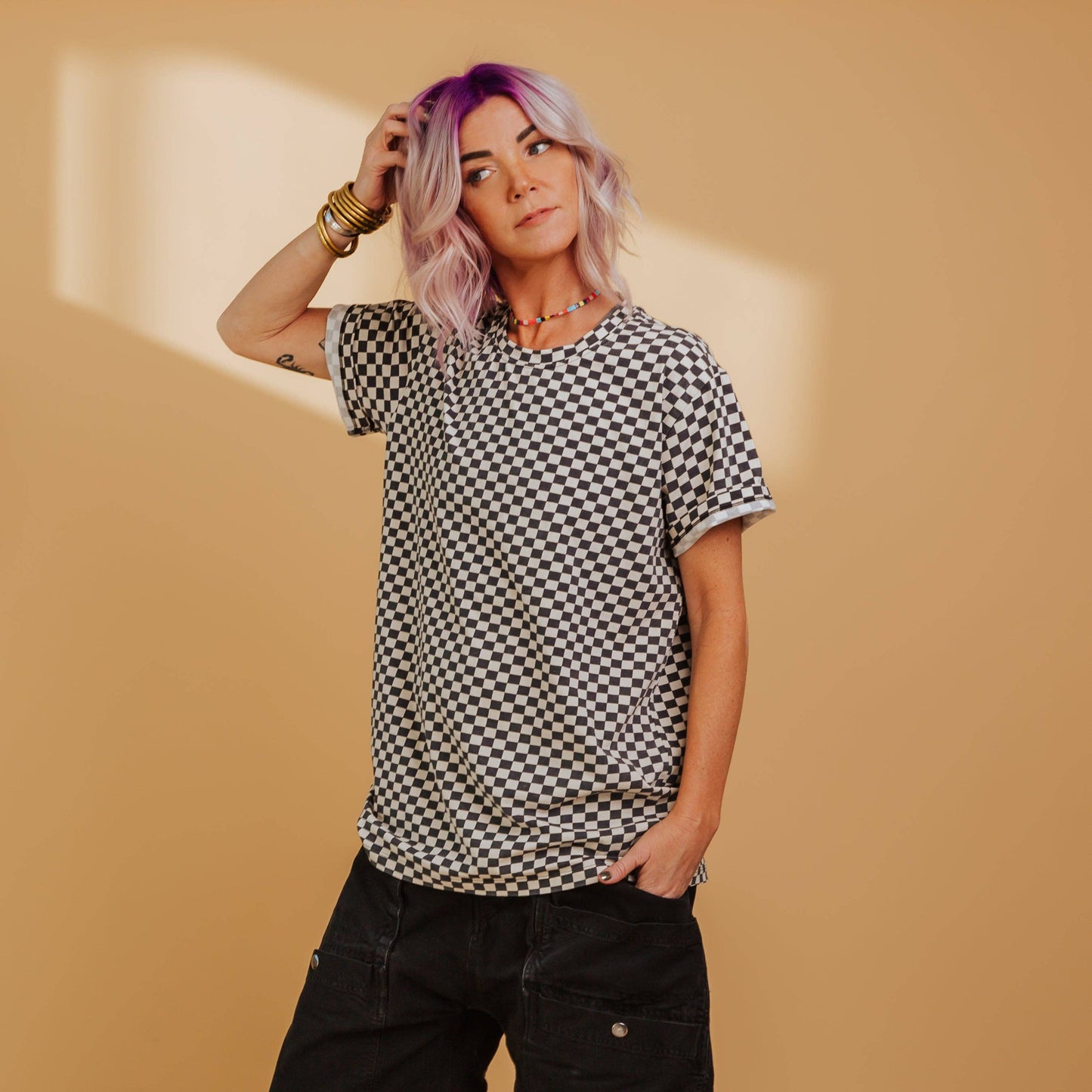 Adult Unisex Tee - Washed B&W Check