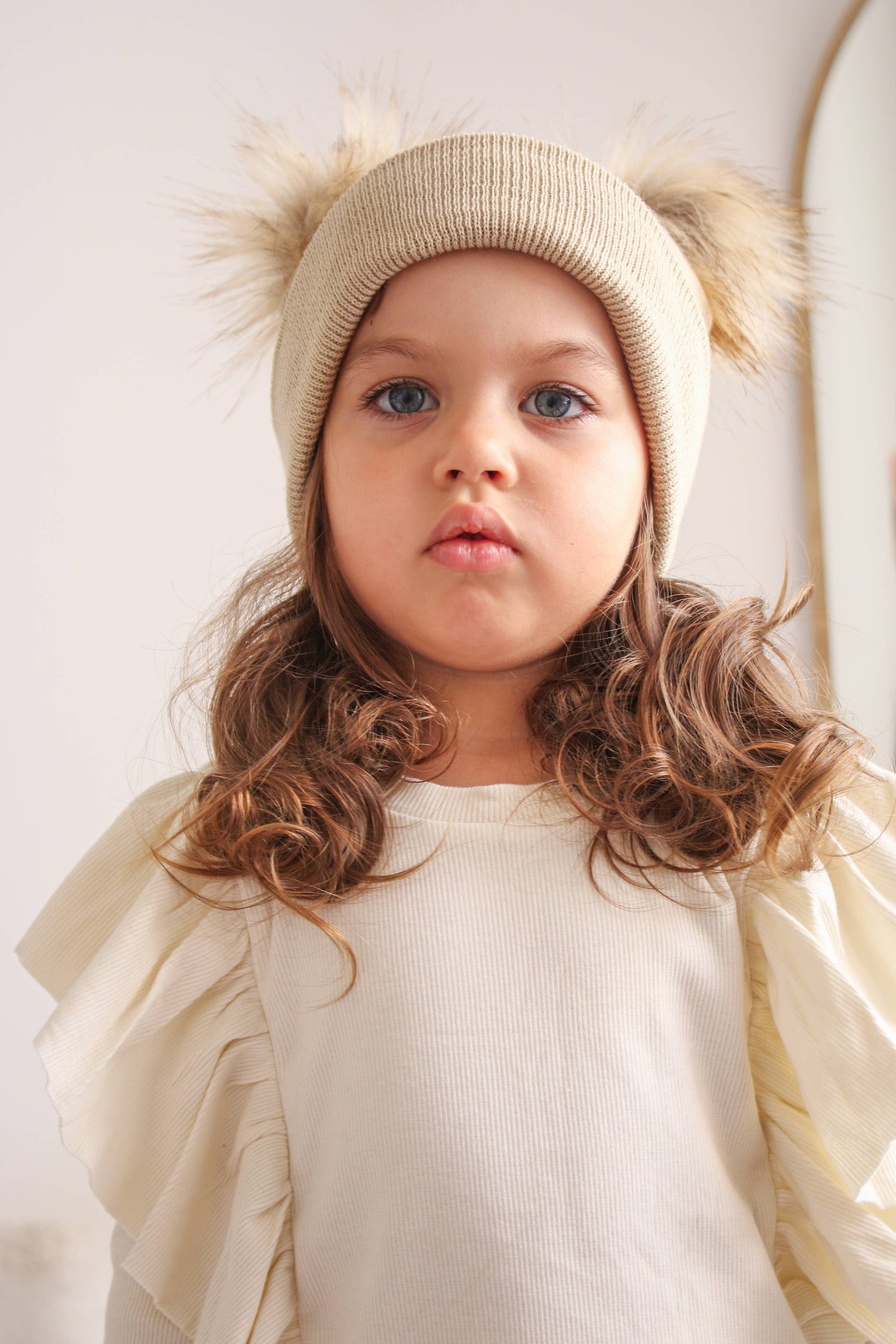 Beige Pom Pom Baby/Kid's Beanie, Newborn to 8 Years, Unisex