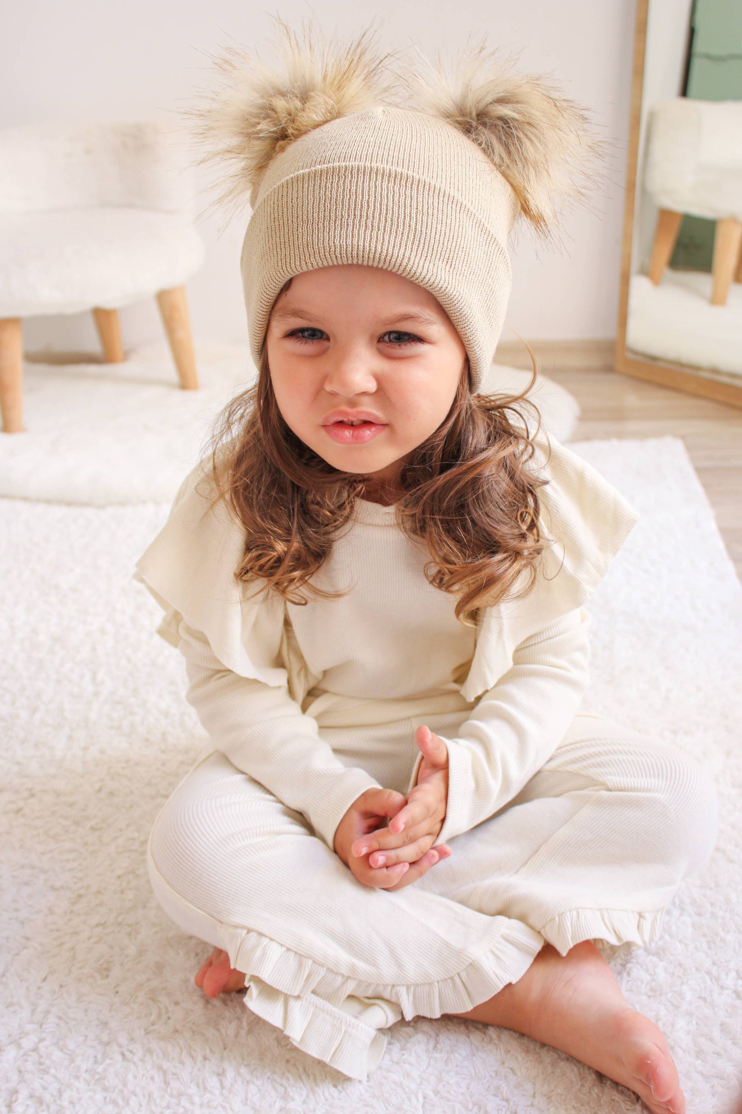 Beige Pom Pom Baby/Kid's Beanie, Newborn to 8 Years, Unisex