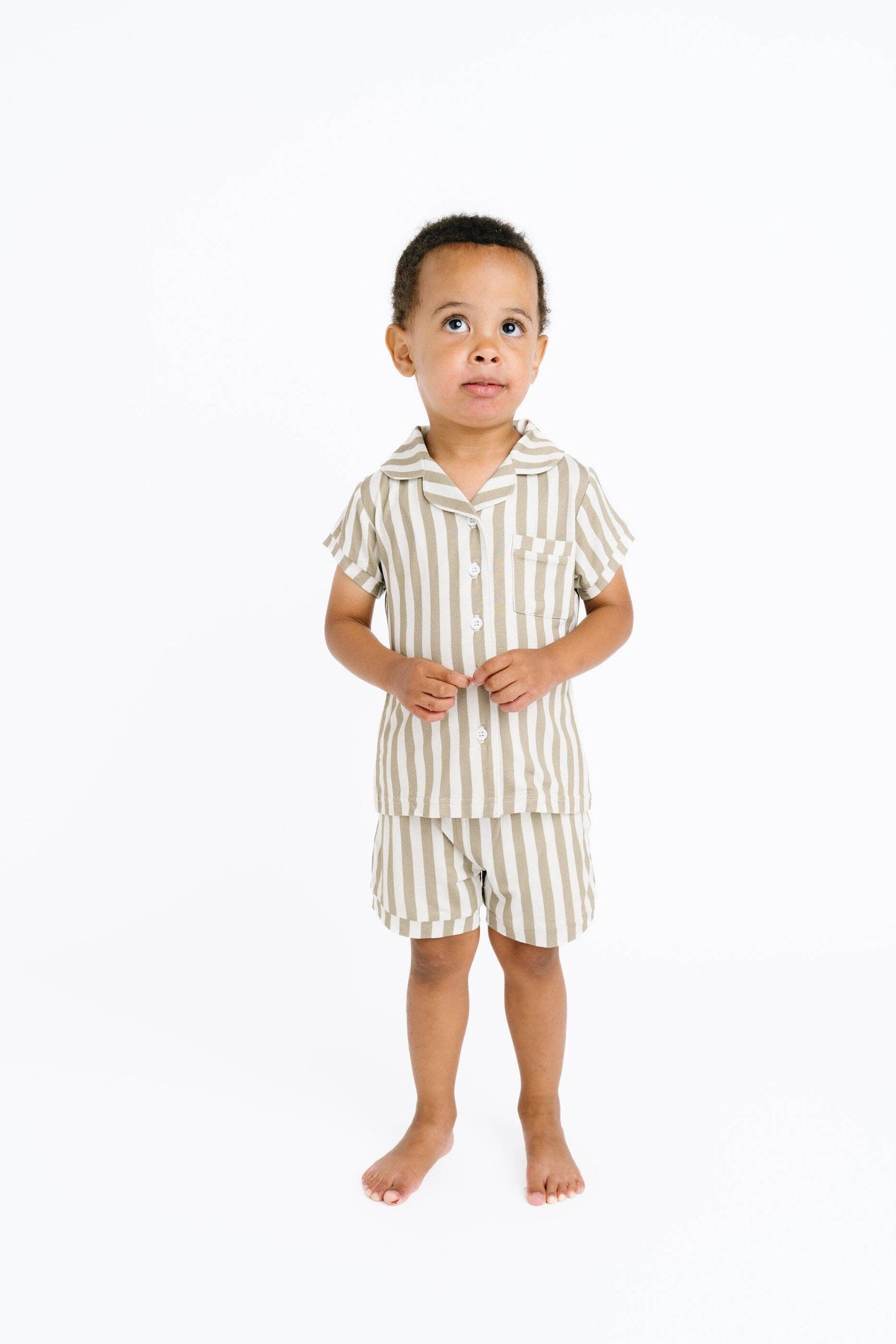 Olive Stripe Bamboo Short Button Up Set