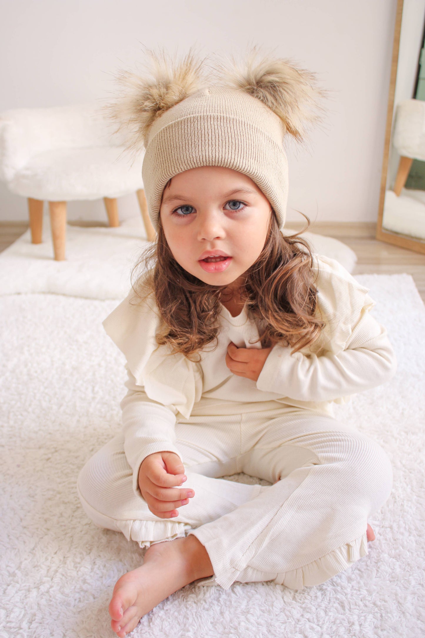 Beige Pom Pom Baby/Kid's Beanie, Newborn to 8 Years, Unisex