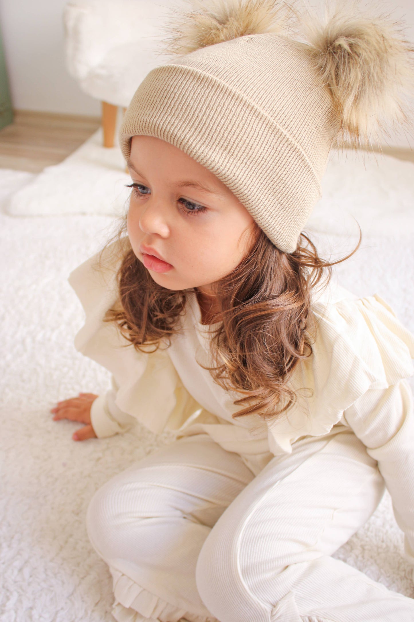 Beige Pom Pom Baby/Kid's Beanie, Newborn to 8 Years, Unisex