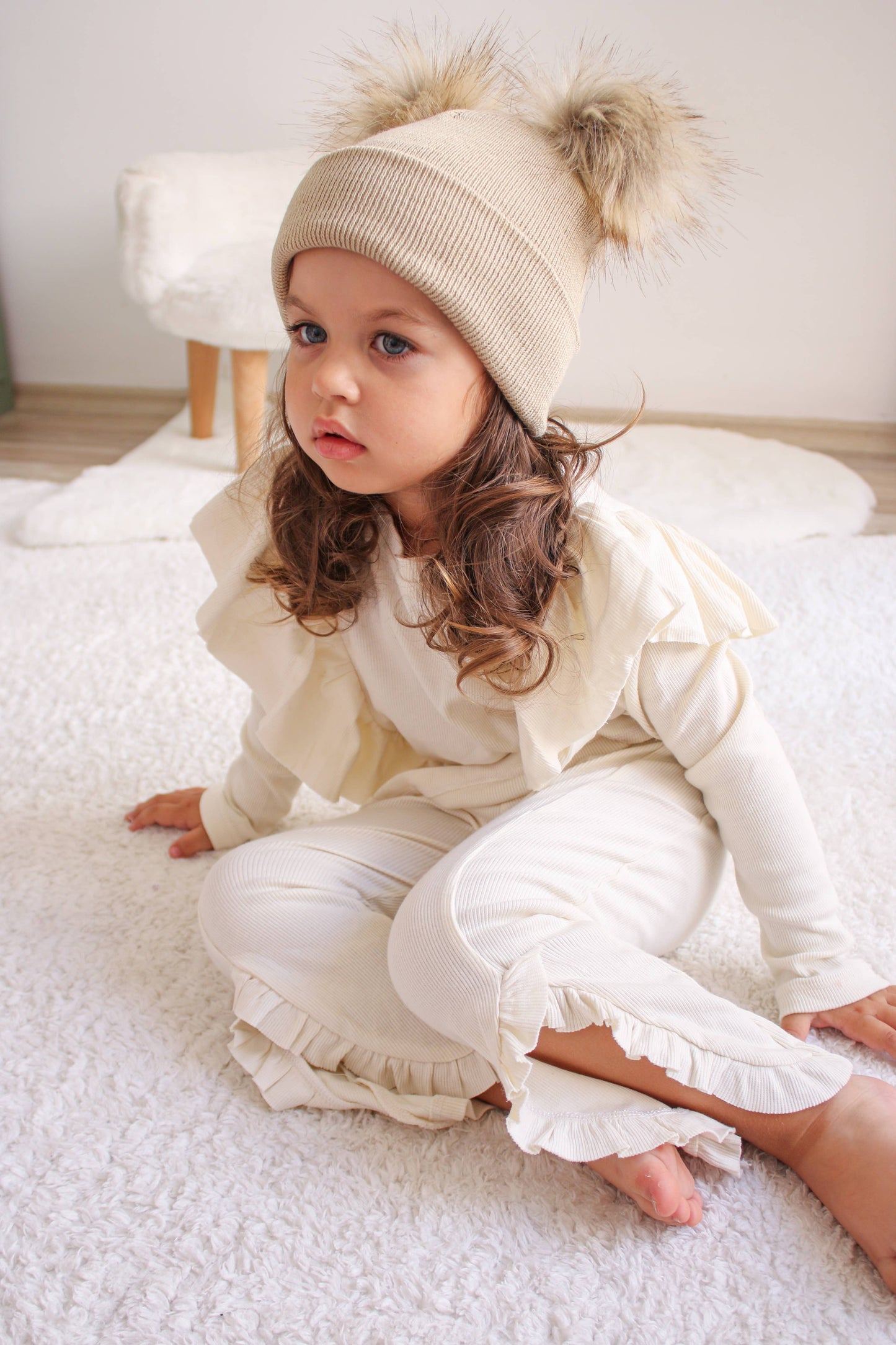 Beige Pom Pom Baby/Kid's Beanie, Newborn to 8 Years, Unisex