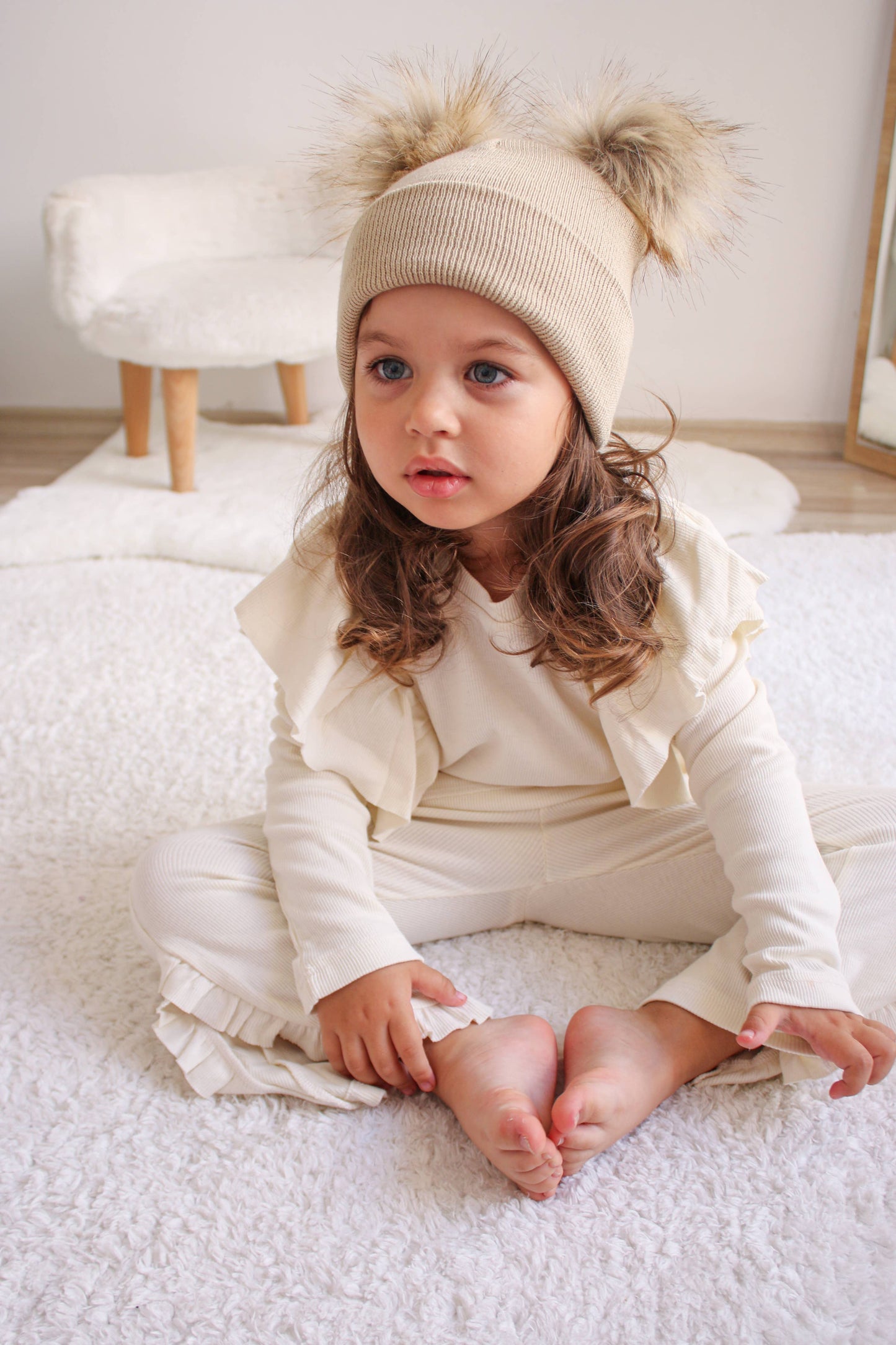 Beige Pom Pom Baby/Kid's Beanie, Newborn to 8 Years, Unisex