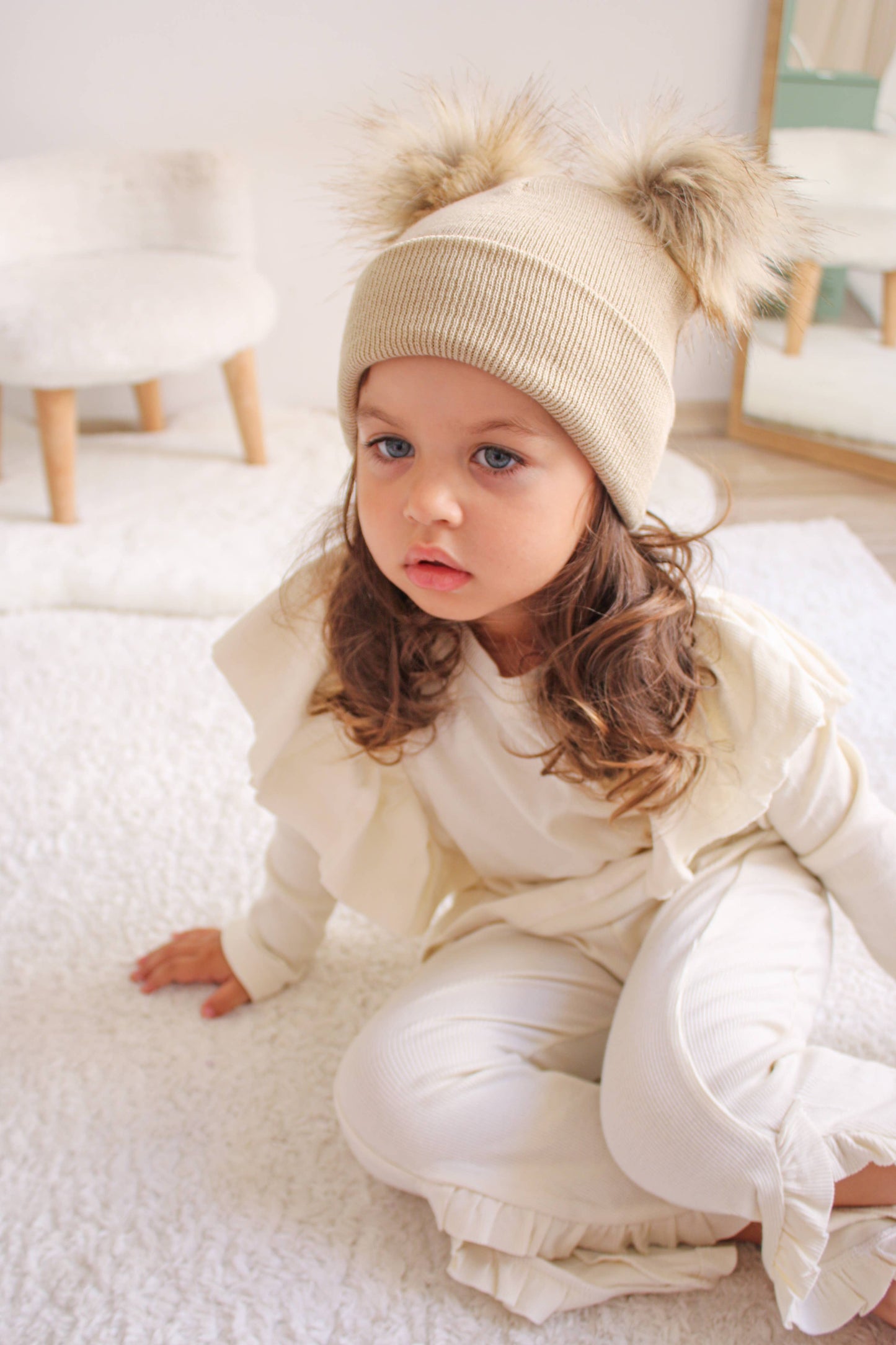 Beige Pom Pom Baby/Kid's Beanie, Newborn to 8 Years, Unisex