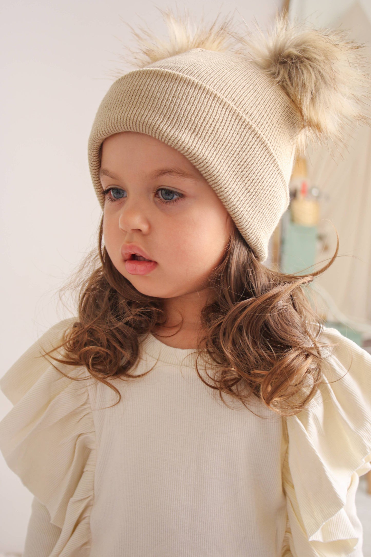 Beige Pom Pom Baby/Kid's Beanie, Newborn to 8 Years, Unisex