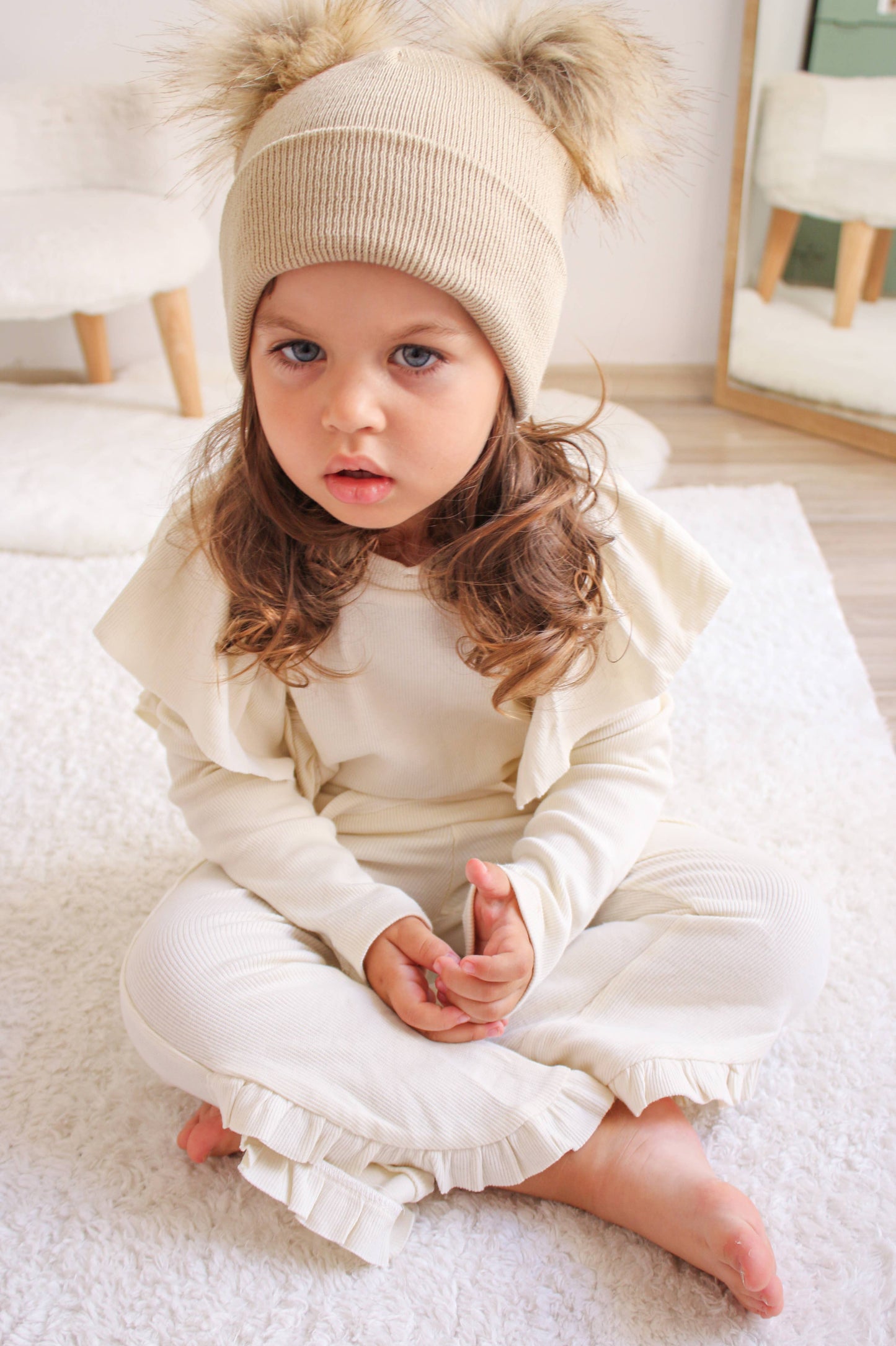 Beige Pom Pom Baby/Kid's Beanie, Newborn to 8 Years, Unisex