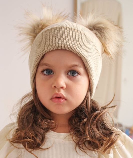 Beige Pom Pom Baby/Kid's Beanie, Newborn to 8 Years, Unisex