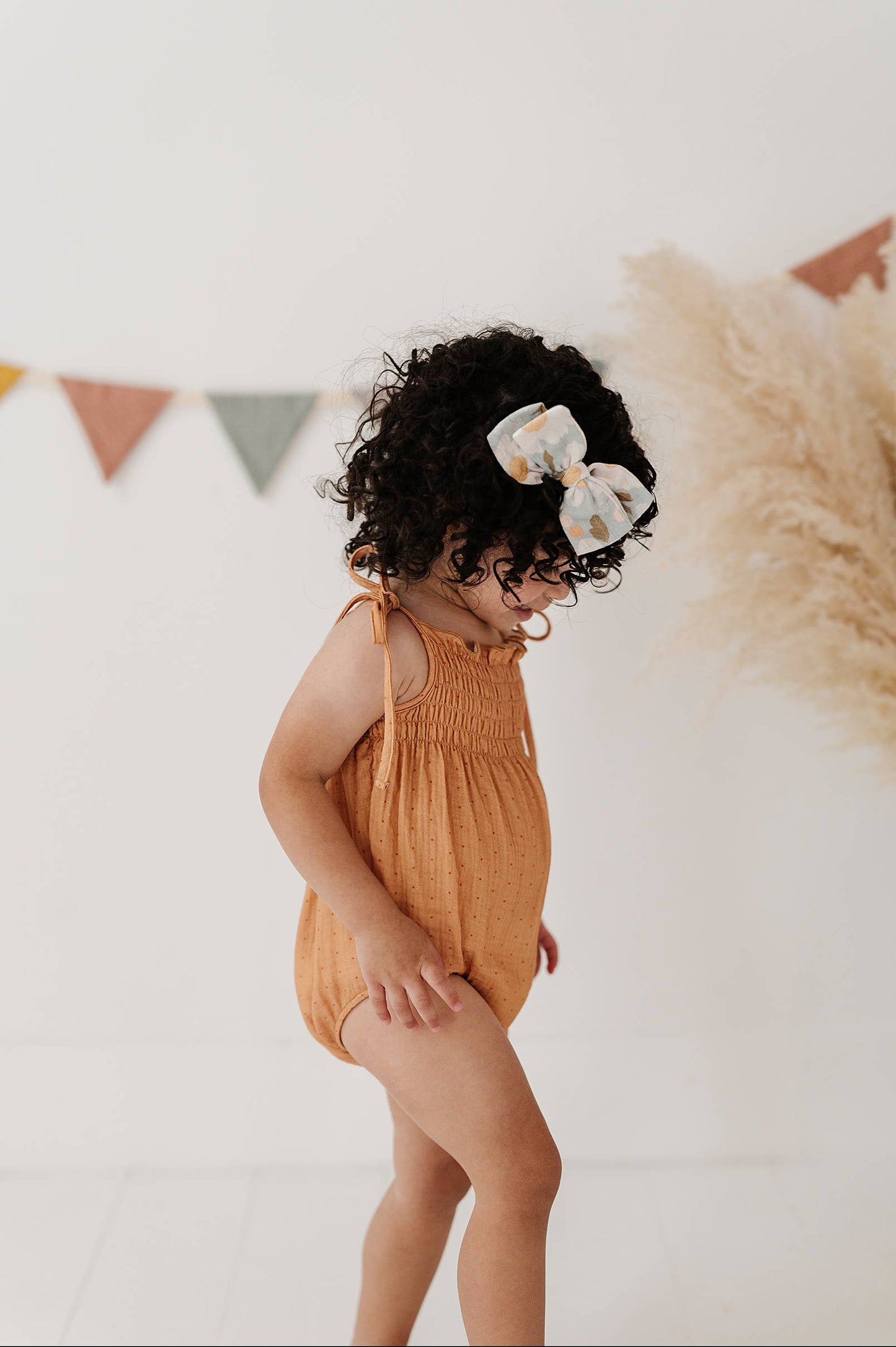 Tie Smocked Bodysuit in Dots in Toffee