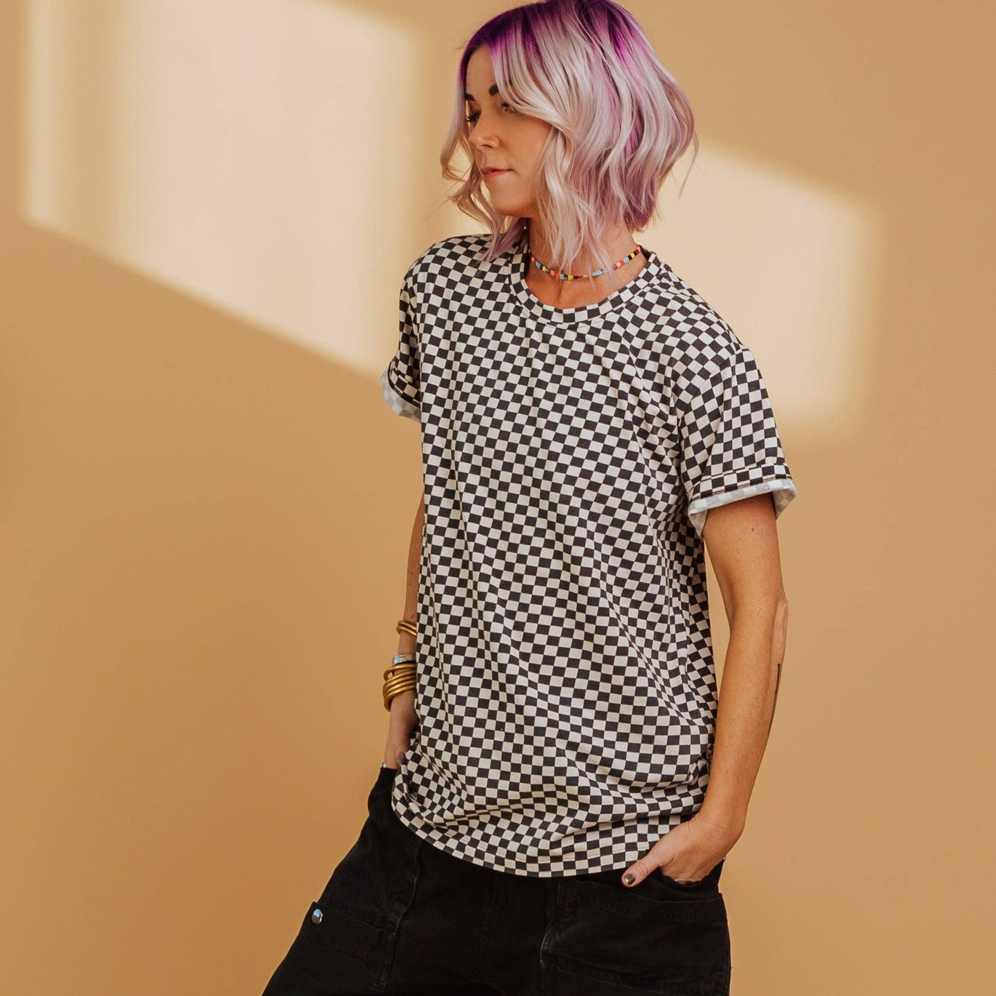 Adult Unisex Tee - Washed B&W Check