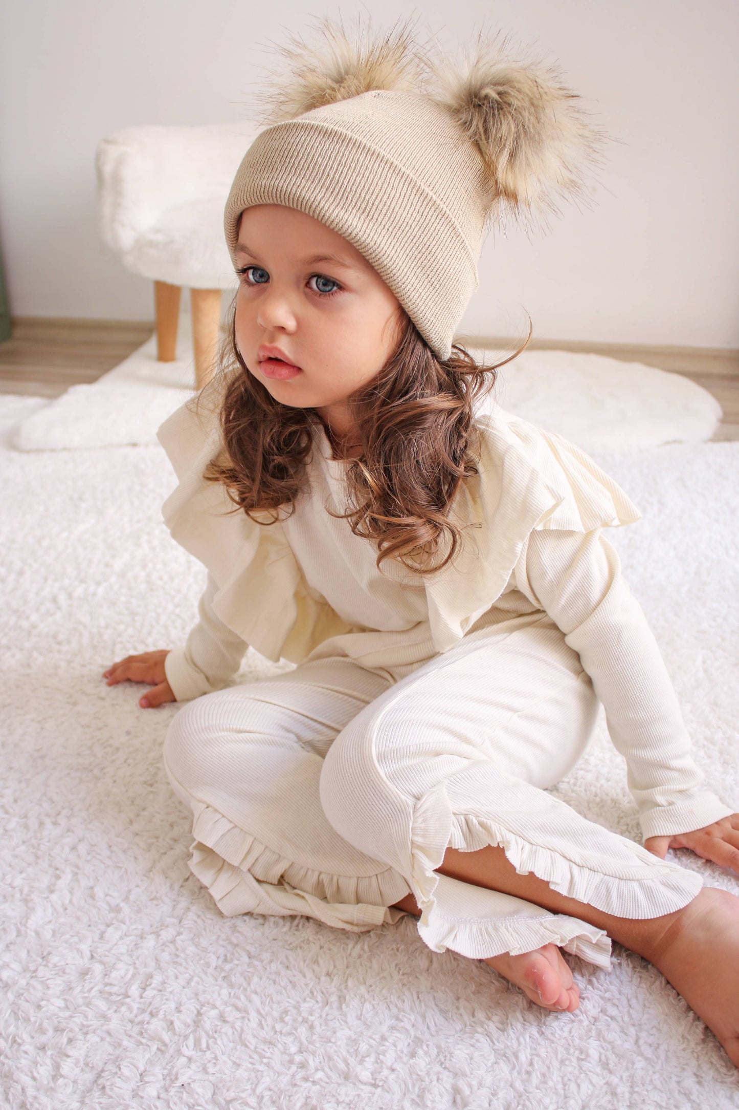 Beige Pom Pom Baby/Kid's Beanie, Newborn to 8 Years, Unisex