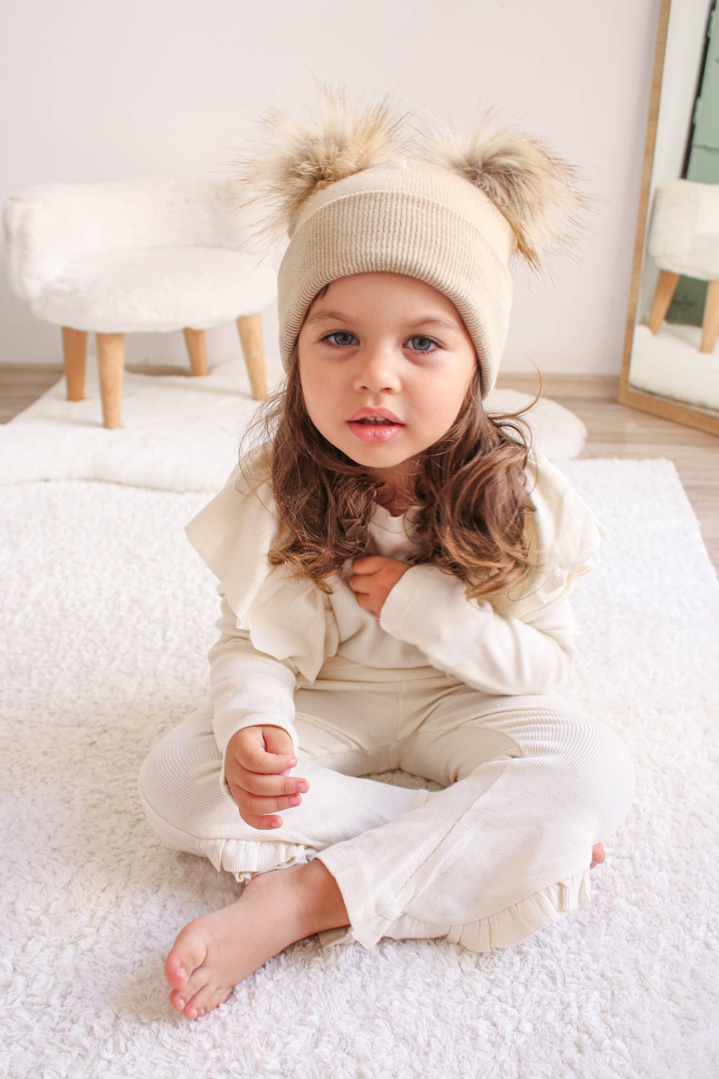 Beige Pom Pom Baby/Kid's Beanie, Newborn to 8 Years, Unisex