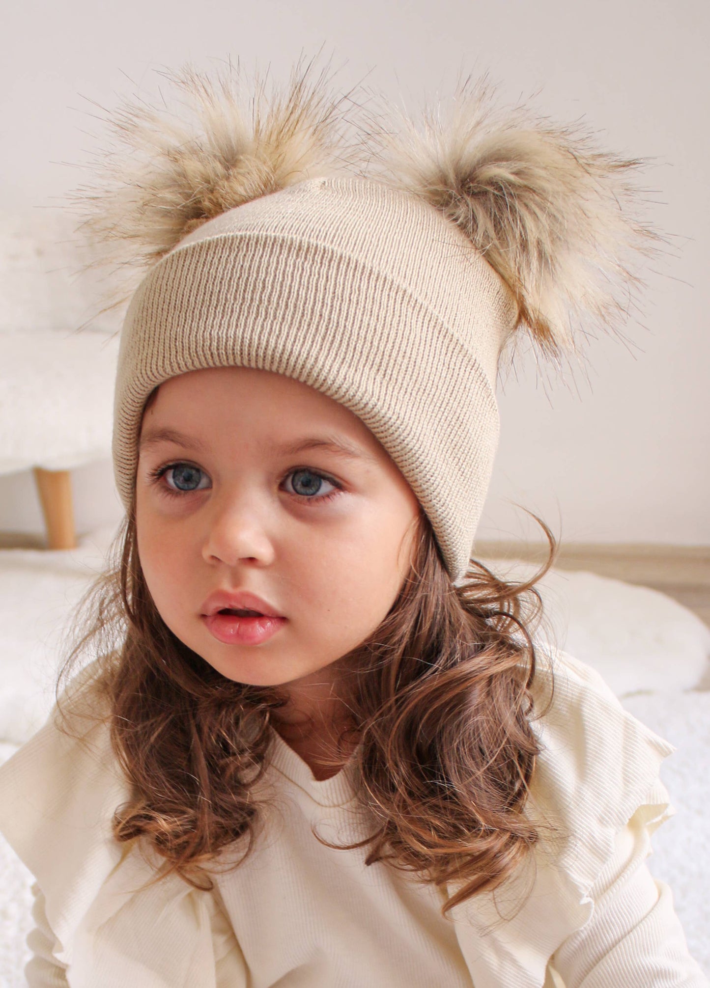 Beige Pom Pom Baby/Kid's Beanie, Newborn to 8 Years, Unisex