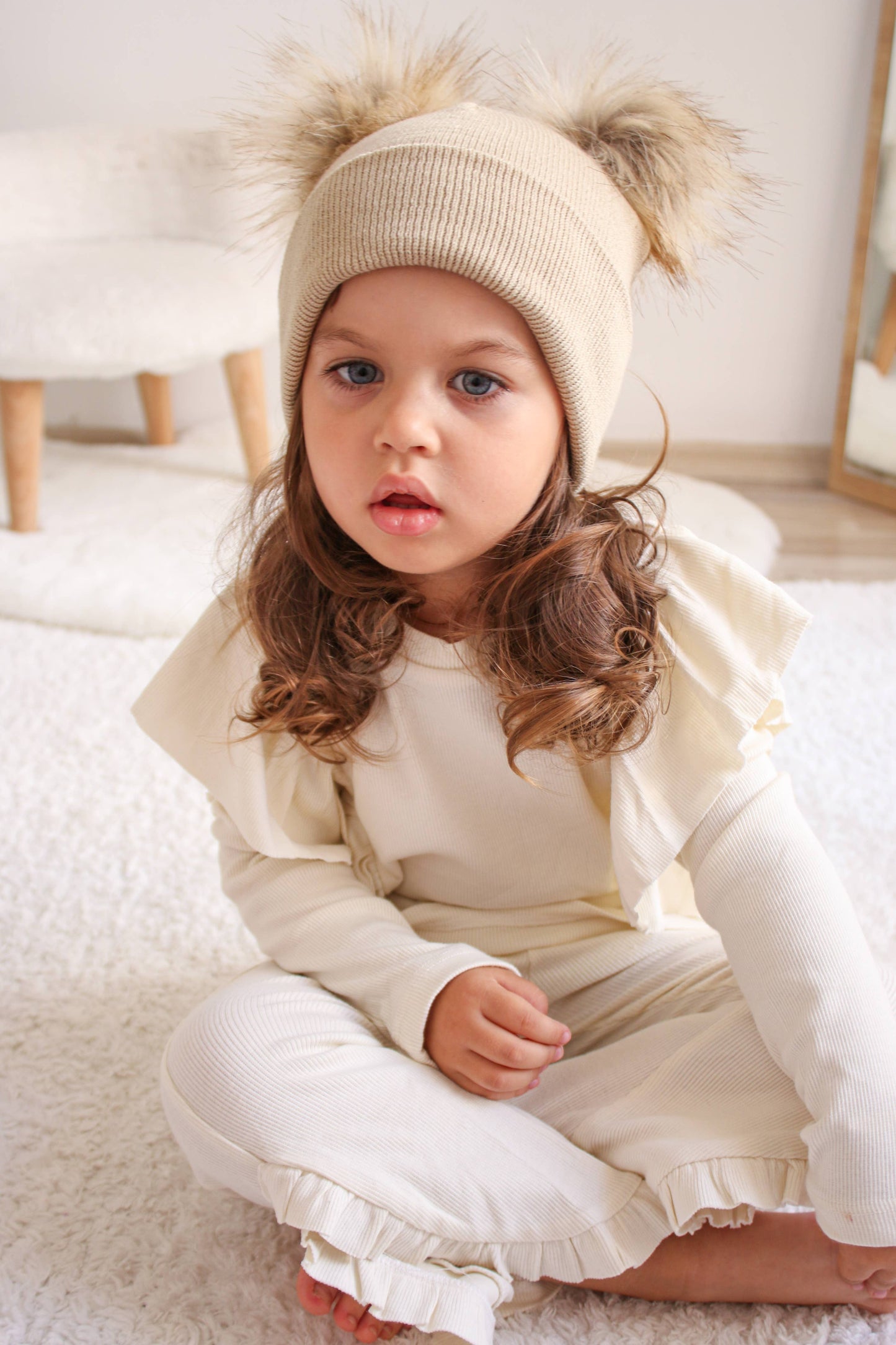 Beige Pom Pom Baby/Kid's Beanie, Newborn to 8 Years, Unisex