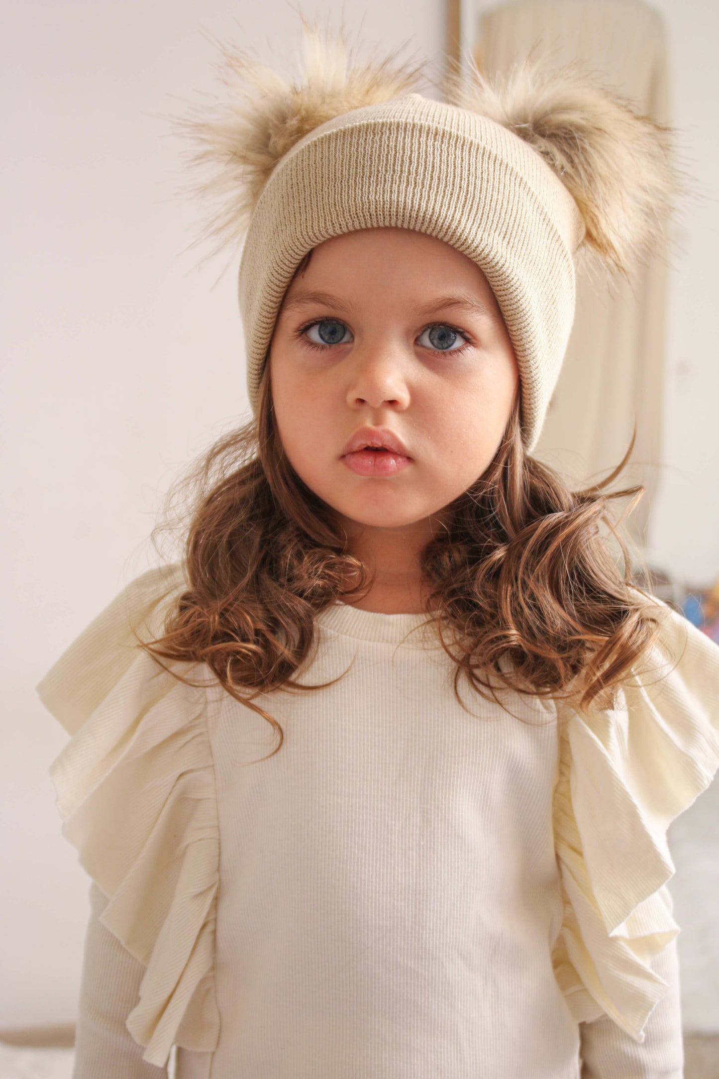 Beige Pom Pom Baby/Kid's Beanie, Newborn to 8 Years, Unisex