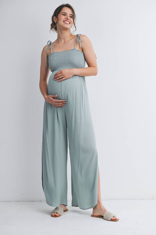 Smocked Maternity Wide Leg Jumpsuit with Adjustable Strap