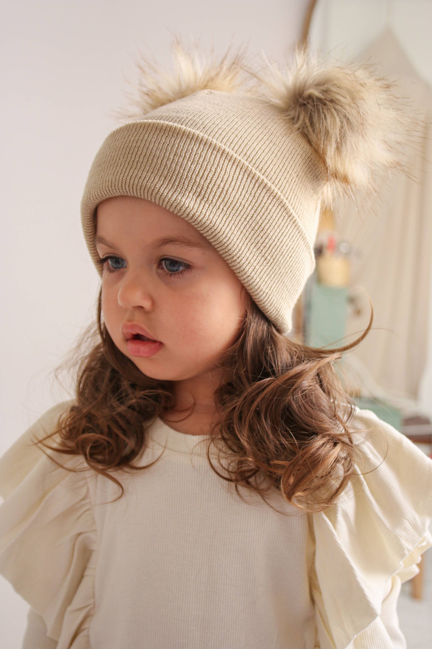 Beige Pom Pom Baby/Kid's Beanie, Newborn to 8 Years, Unisex