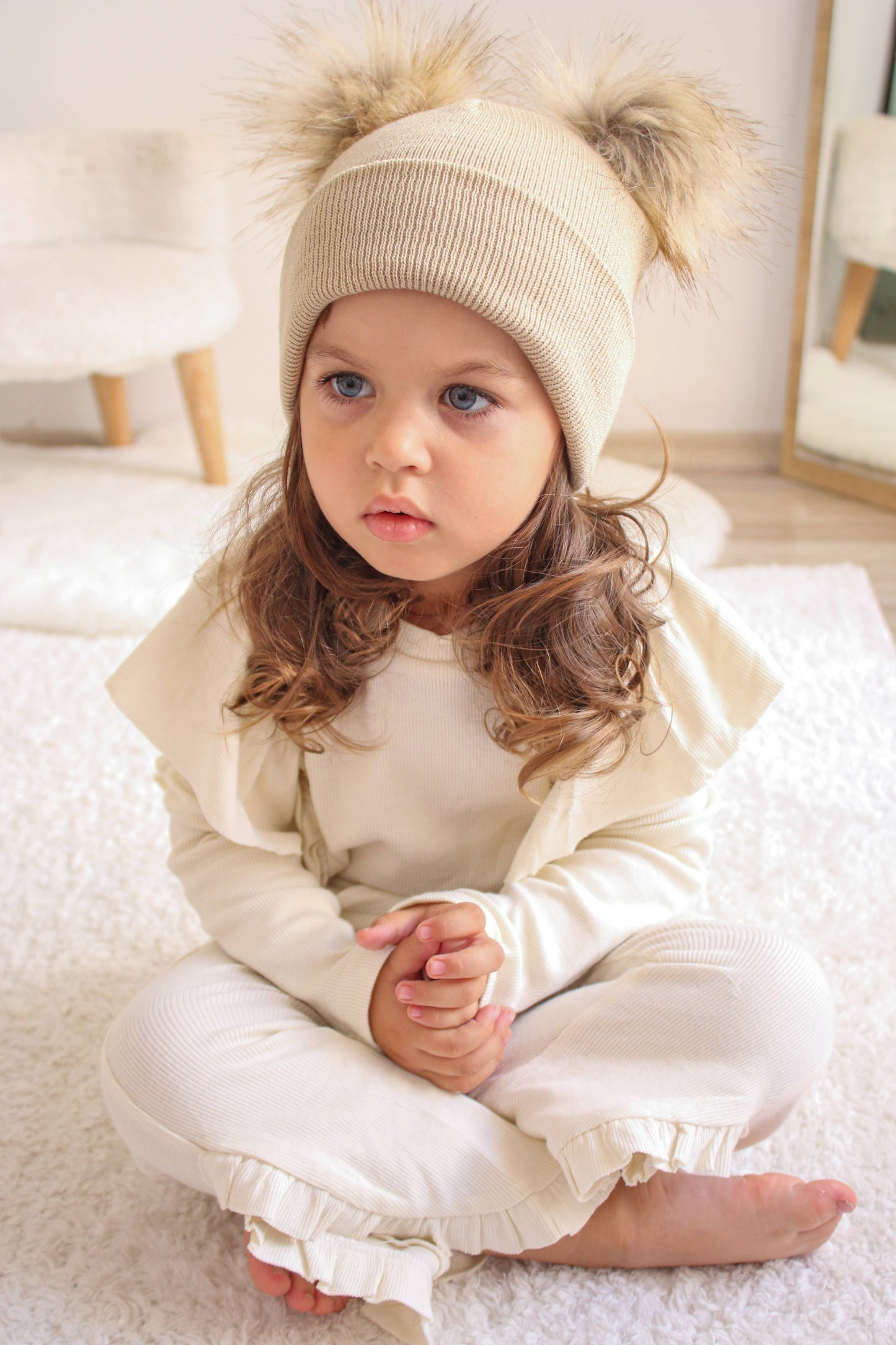 Beige Pom Pom Baby/Kid's Beanie, Newborn to 8 Years, Unisex