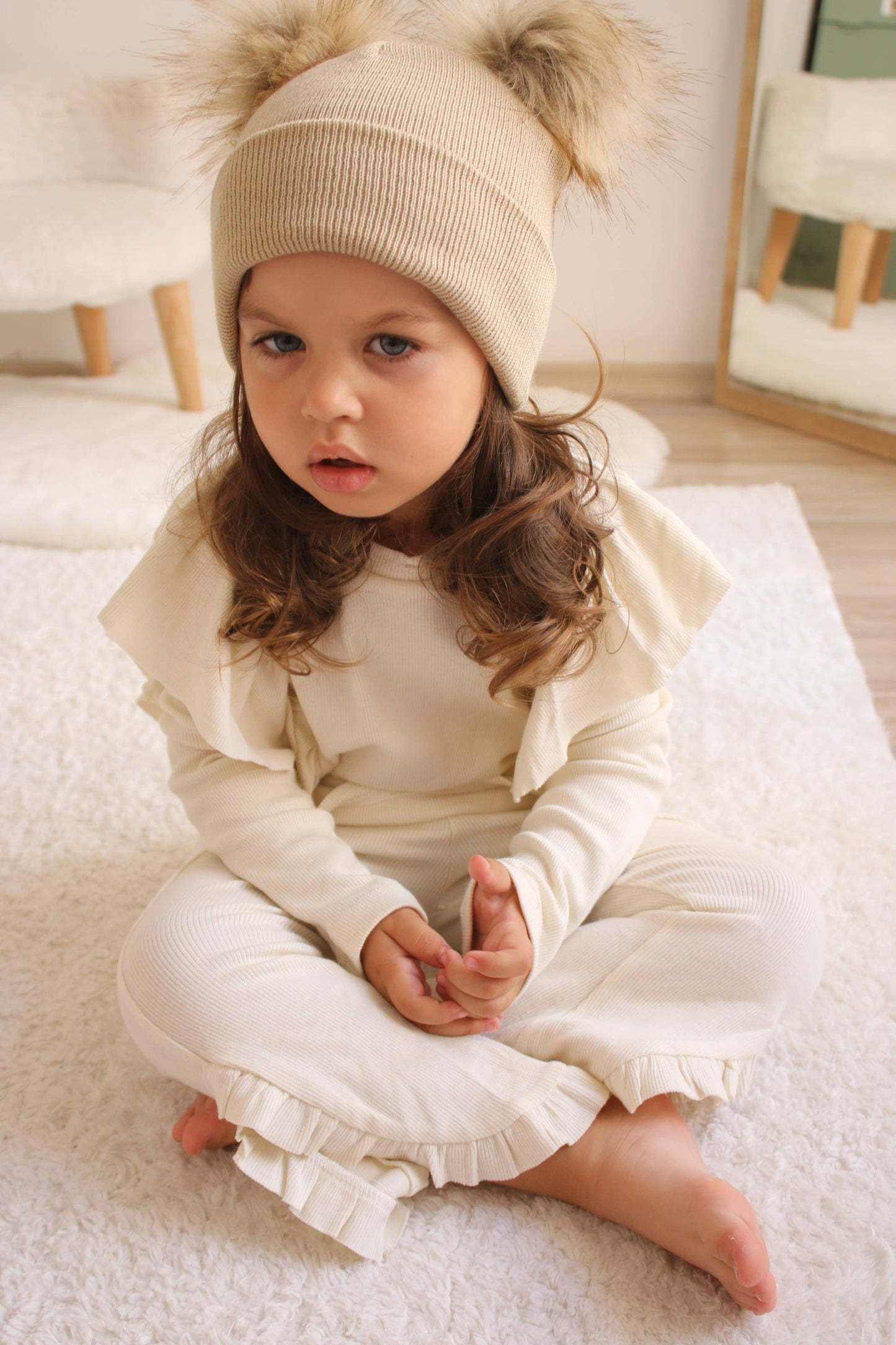 Beige Pom Pom Baby/Kid's Beanie, Newborn to 8 Years, Unisex