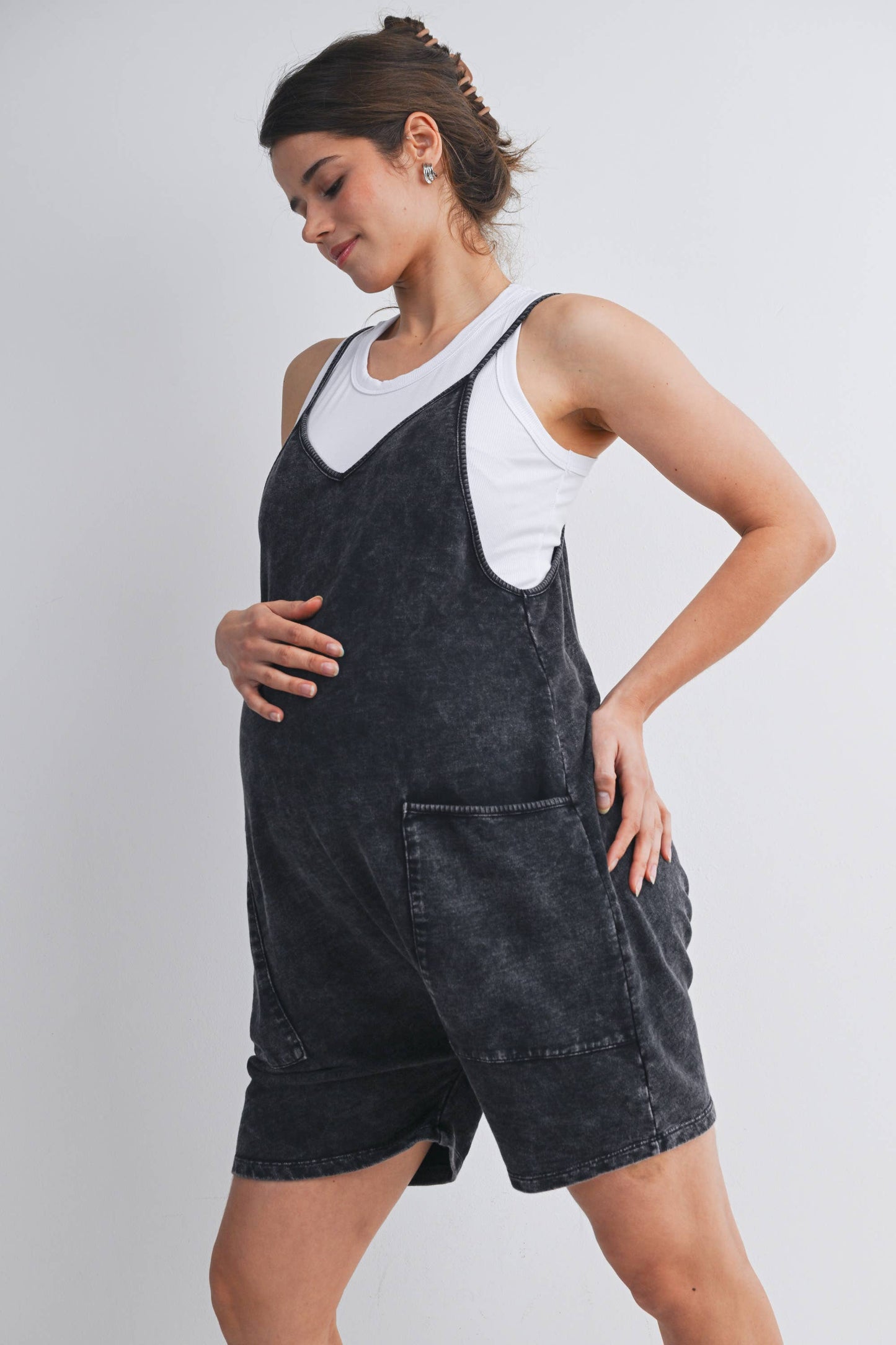 Acid Wash Maternity Romper
