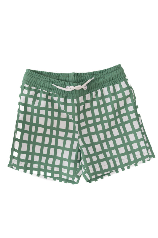 Dark Sage Plaid Swim Trunks