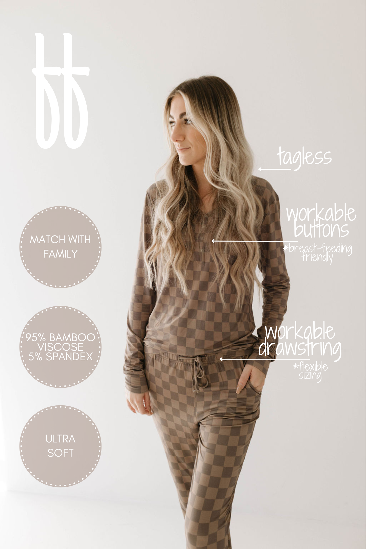 Women's Bamboo Pajama | Faded Brown Checkerboard