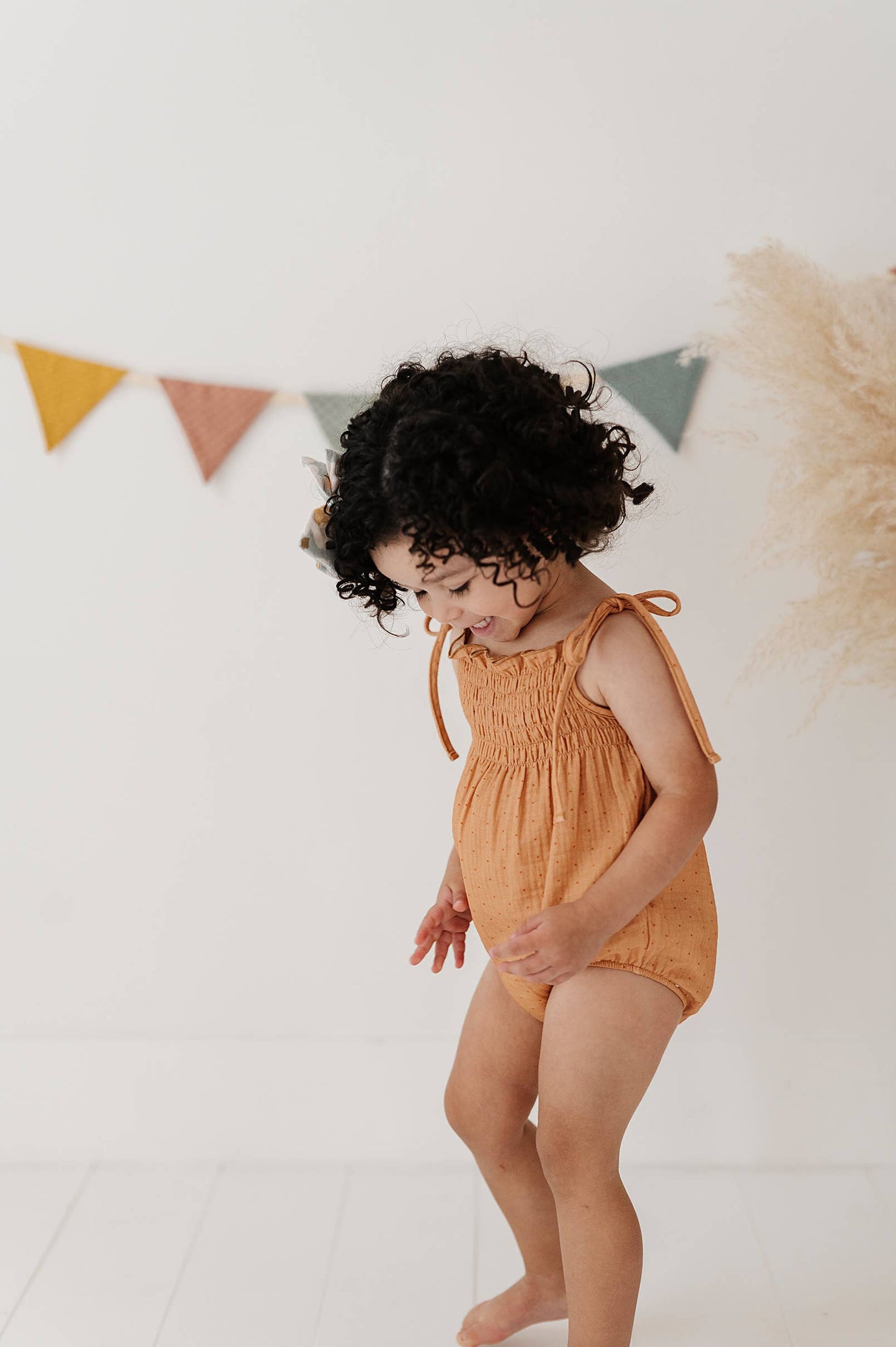 Tie Smocked Bodysuit in Dots in Toffee