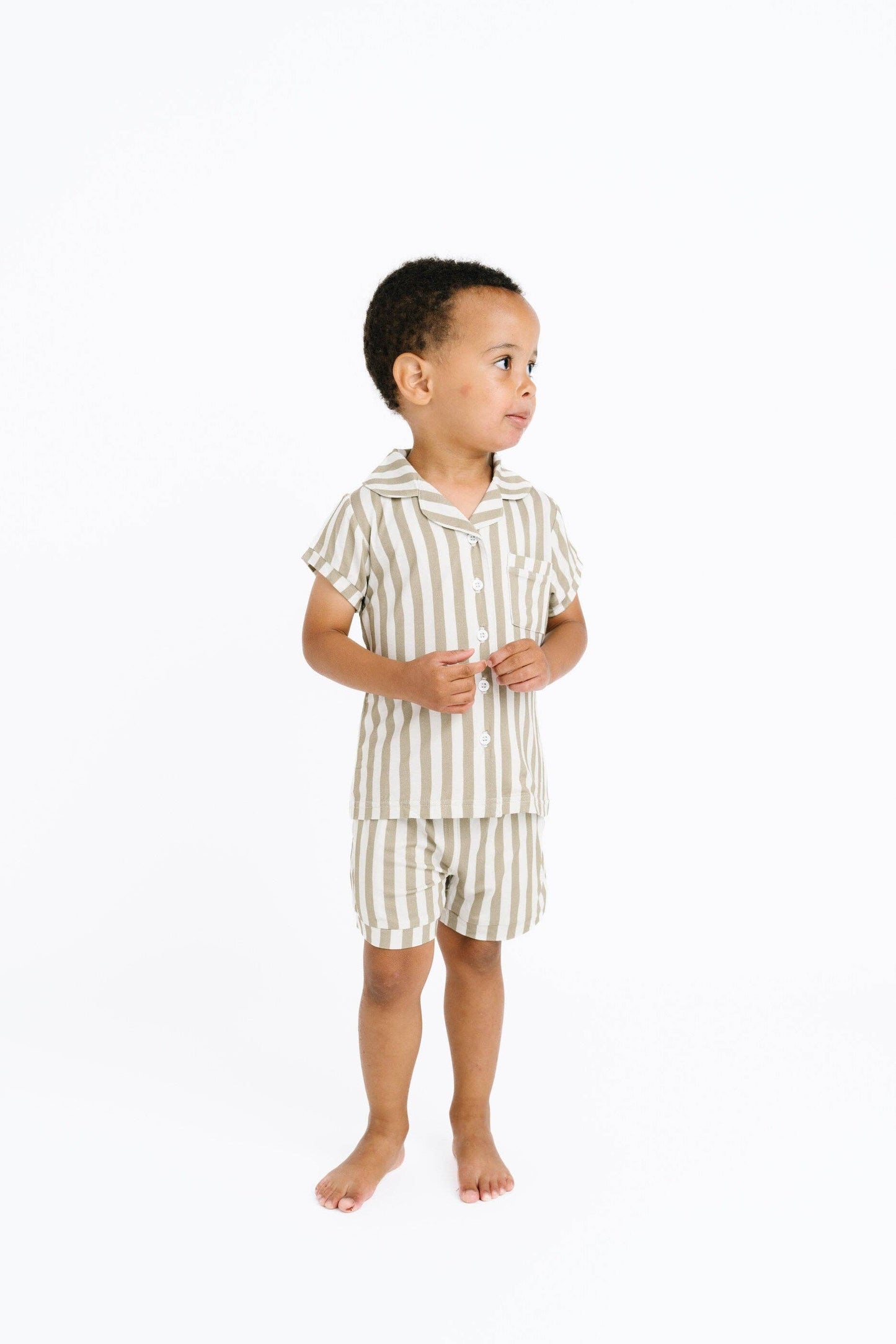 Olive Stripe Bamboo Short Button Up Set