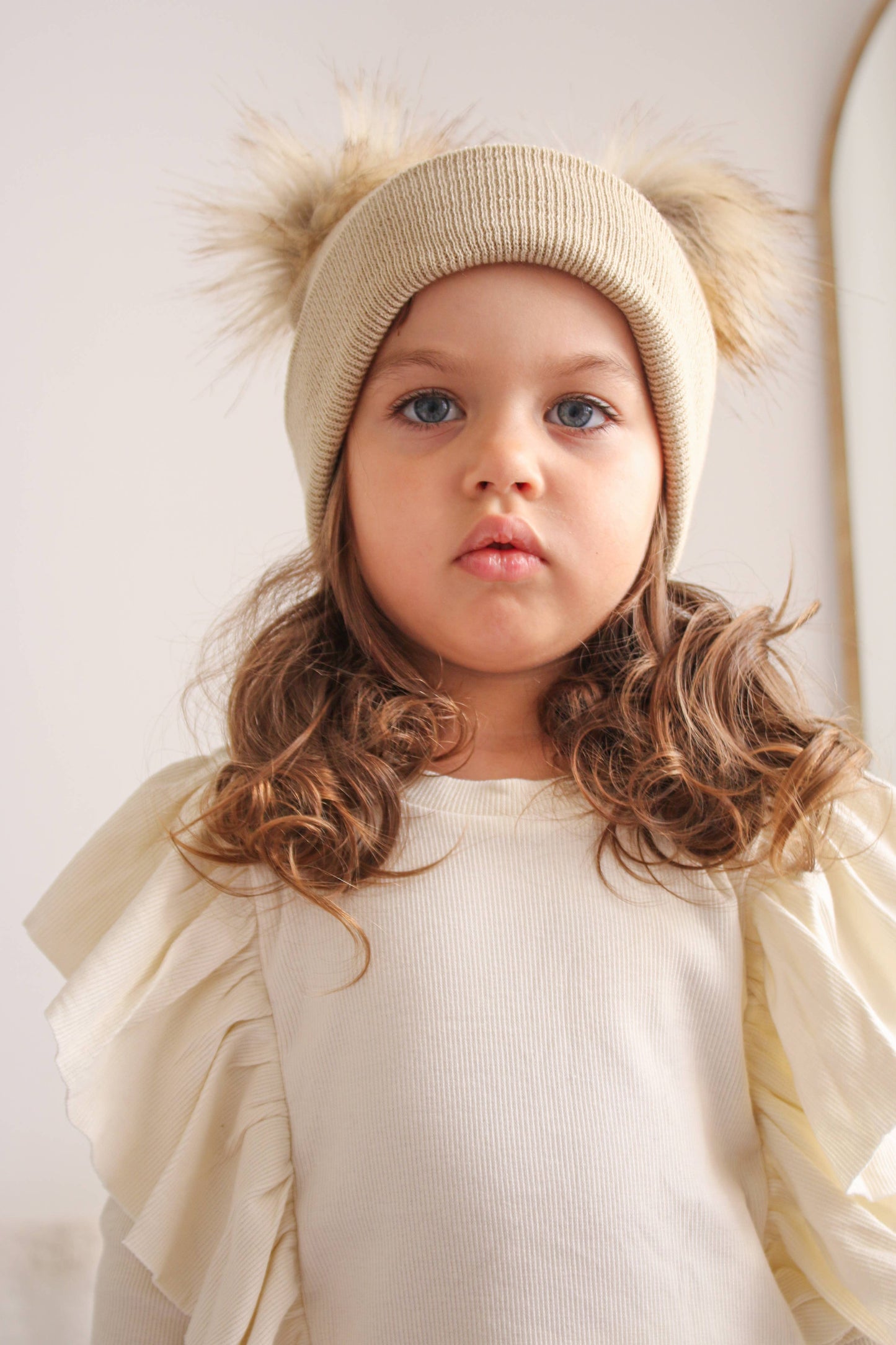 Beige Pom Pom Baby/Kid's Beanie, Newborn to 8 Years, Unisex