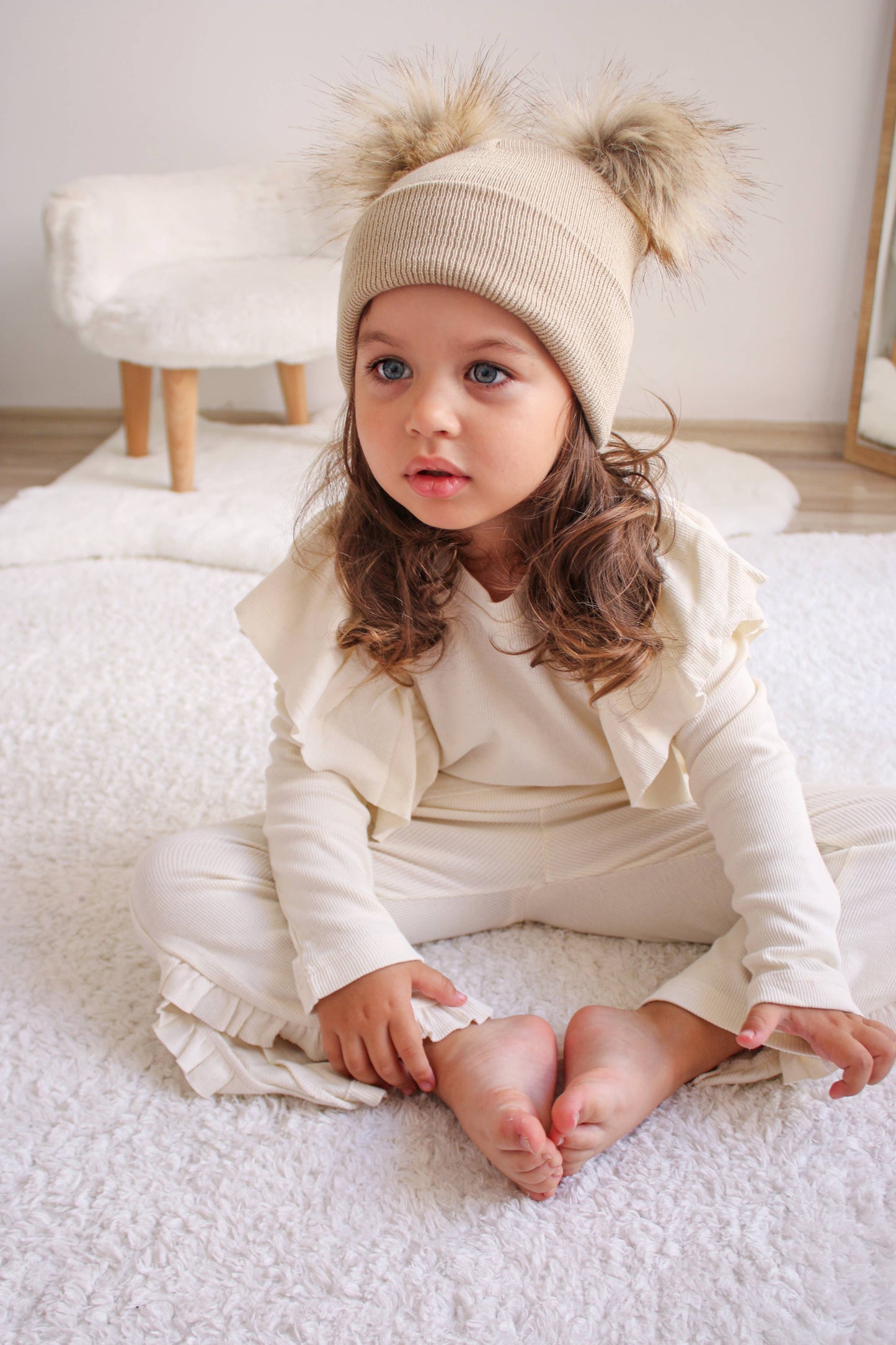 Beige Pom Pom Baby/Kid's Beanie, Newborn to 8 Years, Unisex