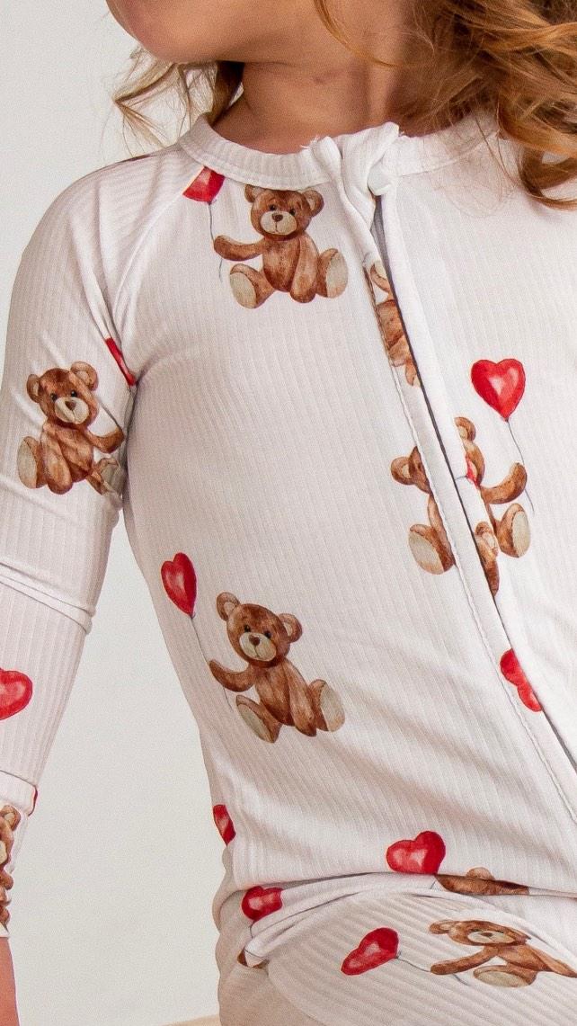 Valentines Teddy Zip Romper - Ribbed Bamboo