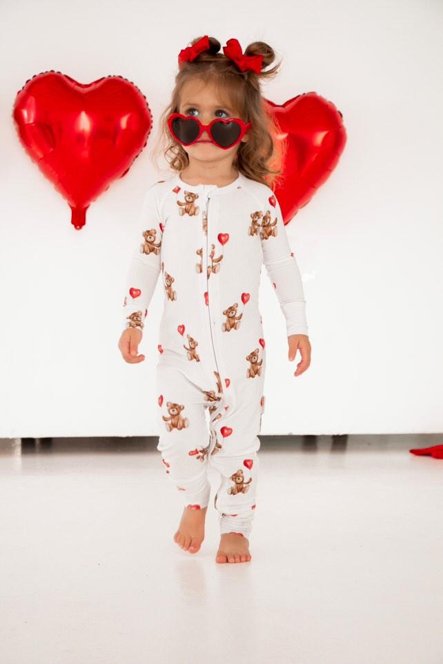 Valentines Teddy Zip Romper - Ribbed Bamboo