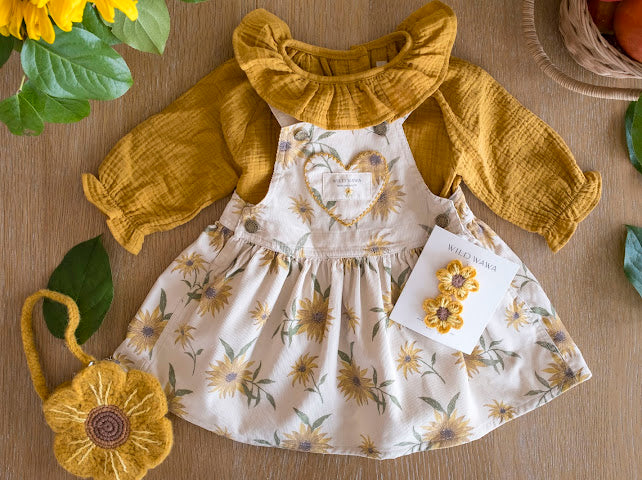 Heart Pocket Overall Dress - Sunflower Field