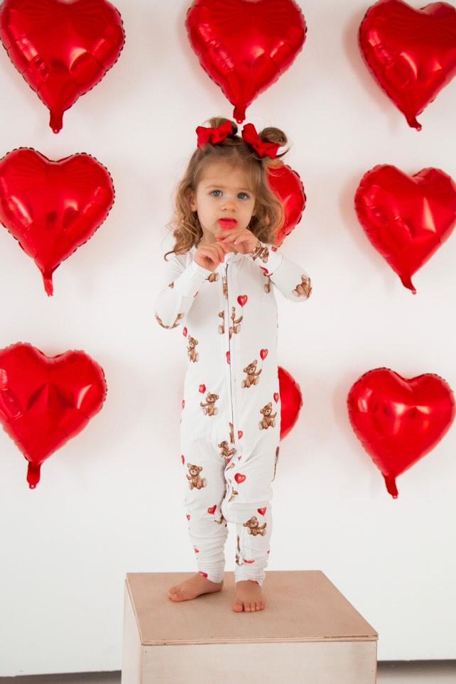 Valentines Teddy Zip Romper - Ribbed Bamboo