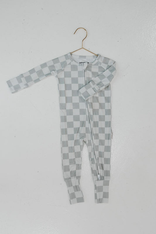 Ribbed Muted Sage Checkered Zip Romper
